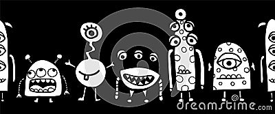 Seamless monster coloring kids border vector. Repeating cute aliens and monsters horizontal repeating pattern white on black. Vector Illustration