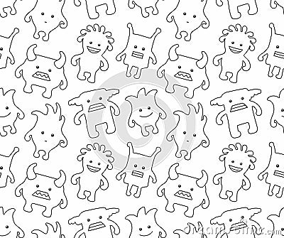 Seamless monsters pattern. thin line style Vector Illustration
