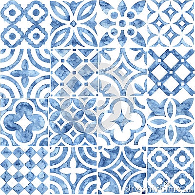 Seamless moroccan pattern. Square vintage tile. Blue and white watercolor ornament painted with paint on paper. Handmade. Print Stock Photo