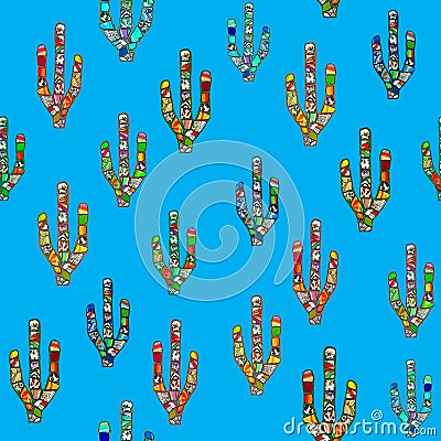 Seamless mosaic cactus pattern on blue Stock Photo