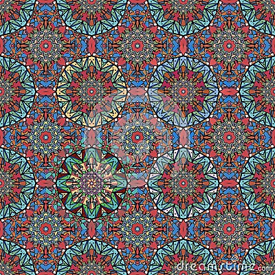 Seamless multicolor abstract pattern with stylized flower mandala in vector. Indian, arabic, damask motives. Ornamental print Vector Illustration