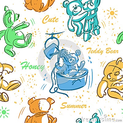 Seamless multicolored pattern, set of cute funny vintage teddy bears toys. Hand draw illustration for fabric, design Vector Illustration