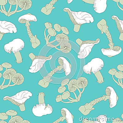 Seamless mushroom patern. Cartoon ornament of forest mushrooms on a green background. Endless background for fabric, tiles Vector Illustration
