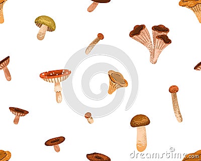 Seamless mushroom pattern. Autumn fungi, endless background, texture. Forest fungus, repeating fall print for textile Vector Illustration