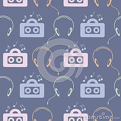 Seamless music vector pattern, symmetrical background with colorful music player, headphones and notes, over blue backdrop Vector Illustration