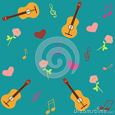 Seamless musical pattern with guitars and roses Vector Illustration