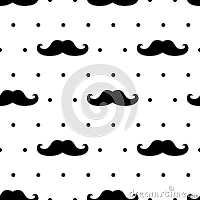 Seamless mustache pattern on polka dots background Vector Illustration