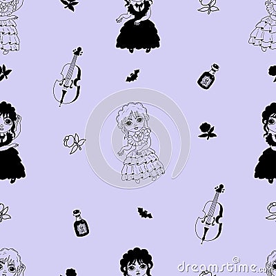 Seamless mysterious pattern with gothic dancing girl wednesday on purple background. Vector illustration in doodle style Vector Illustration