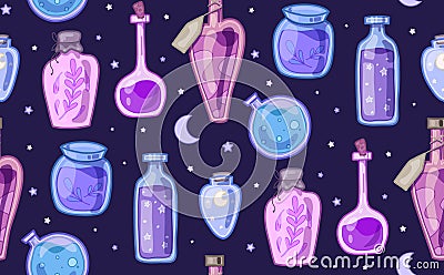 Seamless mystic pattern with various magical potions, poisons and antidotes with stars and crescents on dark violet background. Vector Illustration