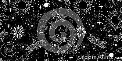 Seamless mystical pattern, universe with stars, moon and sun. Space background, magic signs and symbols. Flat vector Vector Illustration