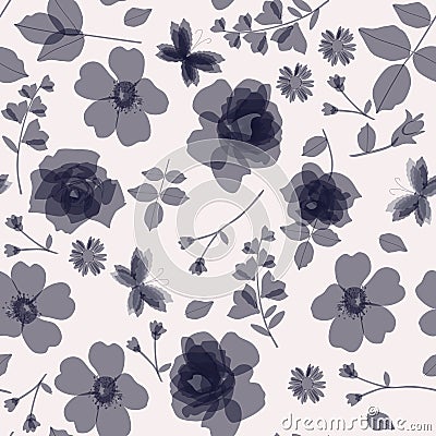 Seamless natural background with monochrome transparent wild and gardening flowers Vector Illustration
