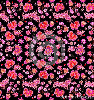 Seamless natural motley pattern with paisley ornament and bouquets of pink fantasy flowers isolated on black background. Vector Illustration