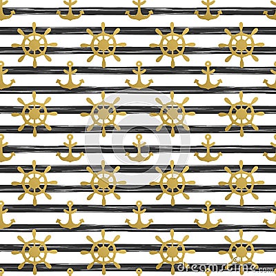 Seamless nautical pattern with golden anchors and ship wheels on white black striped background. Cartoon Illustration
