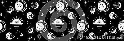 Seamless neo folk patterns with moon, cloud, sun and stars, black and white celestial design. Set Neo folk style endless Stock Photo
