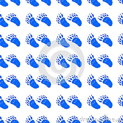 Seamless neon-colored pattern of blue bear footprints on the snow. Hand-drawn collection. Hand drawn collection. Vector Cartoon Illustration