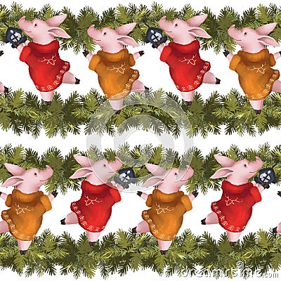 Seamless new year pattern. Piglets in sweaters with spruce Christmas garland. Symbol of the year 2019. Stock Photo