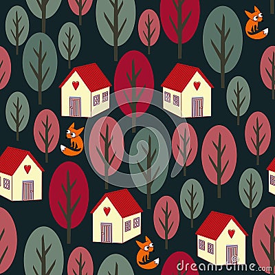 Seamless night autumn pattern - colorful trees, houses, snow and foxes. Vector Illustration