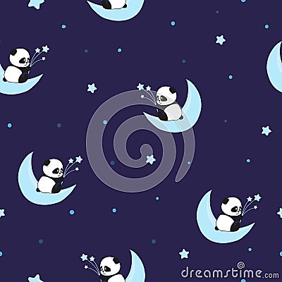 Seamless night pattern with cute panda bears on the clouds. Vector Illustration