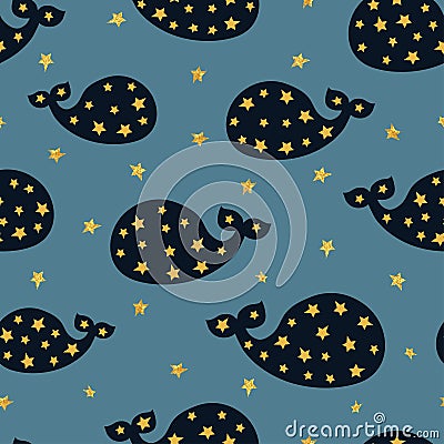 Seamless night pattern with whales and stars. Vector Illustration