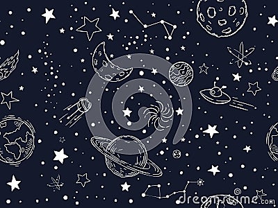 Seamless night sky stars pattern. Sketch moon, space planets and hand drawn star vector illustration. Outer space Vector Illustration