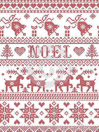 Seamless Noel Scandinavian fabric style, inspired by Norwegian Christmas, festive winter pattern in cross stitch with reindeers Vector Illustration