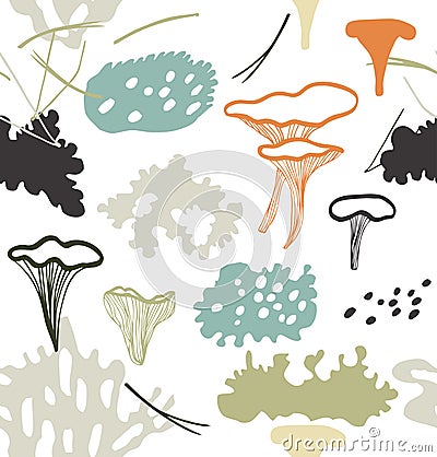 Seamless nordic floral pattern with chanterelle mushrooms, reindeer moss, gray lichens, needles. Nature drawn background Vector Illustration