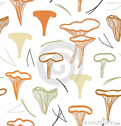 Seamless nordic floral pattern with cute chanterelle mushrooms. Nature drawn background Vector Illustration