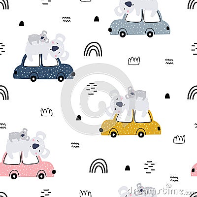 Seamless nursery pattern car with koala Cute textures for baby bedding, fabrics, wallpaper, wrapping paper, textiles, t-shirt Vector Illustration
