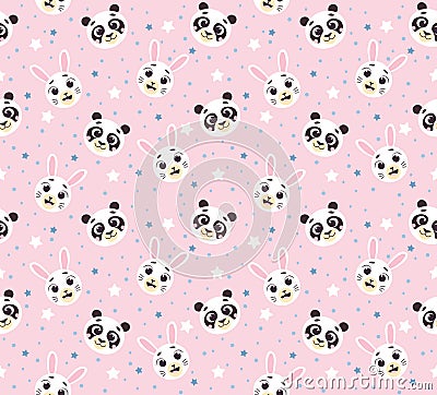 Seamless nursery pattern with cute animals faces vector print for fabric, wrapping, textile, wallpaper, apparel on pink background Vector Illustration