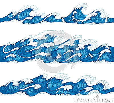 Seamless ocean waves. Sea surf, decorative surfing wave and water pattern hand drawn sketch vector illustration set Vector Illustration