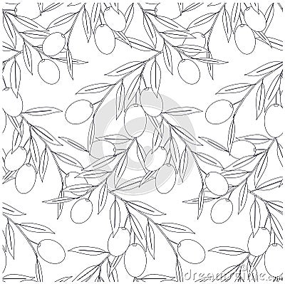 Seamless olive branch monochrome pattern Vector Illustration