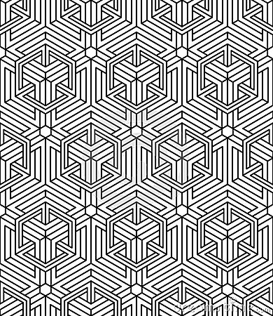 Seamless optical ornamental pattern with three-dimensional geometric figures. Intertwine black and white composition. Vector Illustration