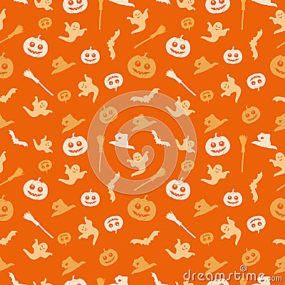 Seamless orange background with a Halloween theme. The background shows a pumpkin, a broom, a witch`s cap, a ghost and a bat. Vector Illustration