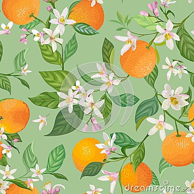 Seamless Orange pattern with tropic fruits, leaves, daisy flowers background. Hand drawn illustration in watercolor style summer Vector Illustration