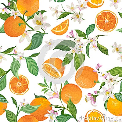 Seamless Orange pattern with tropic fruits, leaves, daisy flowers background. Hand drawn illustration in watercolor style summer Vector Illustration