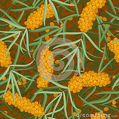 Seamless orange sea-buckthorn with leafs, twig Vector Illustration