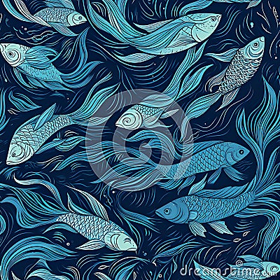 seamless organic pattern inspired by the graceful movement of a school of fish in the depths of the ocean. AI Generated Stock Photo