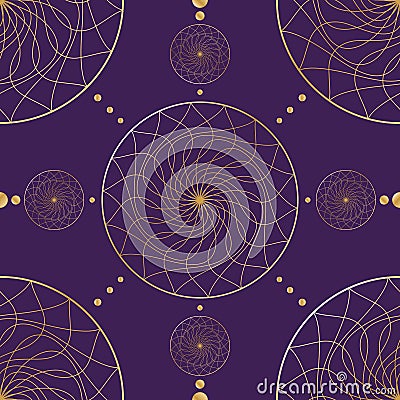 Seamless oriental pattern Gold smooth lines on a dark background Geometrical ornament of gold circles Abstract background Vector Illustration