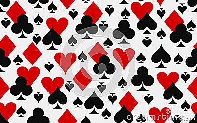 Seamless original white background from figures of symbols of card suit-clubs, tambourines, spades, hearts. Vector Illustration