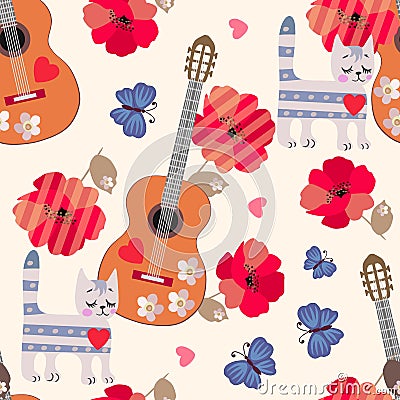 Seamless ornament for children. Tabby cats, wooden guitars, blue butterflies, red poppies and little hearts on light beige Vector Illustration