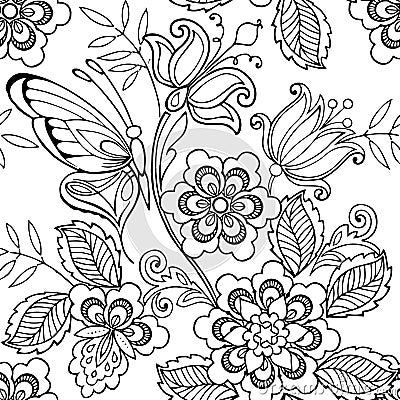 Seamless ornament flowers and butterflies for the anti stress coloring page. Vector Illustration