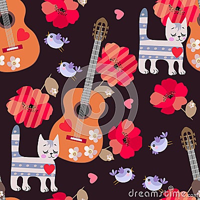Seamless ornament for kids. Tabby kittens, little birds, wooden guitars, hearts and red poppy flowers on black background Vector Illustration