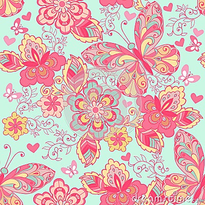 Seamless ornament with pink butterflies, hearts and flowers on a blue background. Decorative ornament backdrop for fabric Vector Illustration