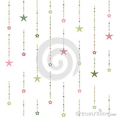 Seamless ornament with red and green dots and stars on white background. beads string with balls and stars. Vector Illustration