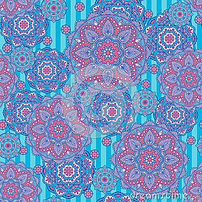 Seamless ornamental oriental pattern with mandala. Laced decorative background with floral and geometric ornament. Vector Illustration