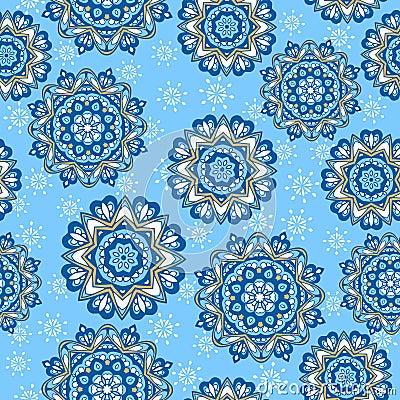 Seamless ornamental oriental pattern with mandala. Laced decorative background with floral and geometric ornament. Vector Illustration