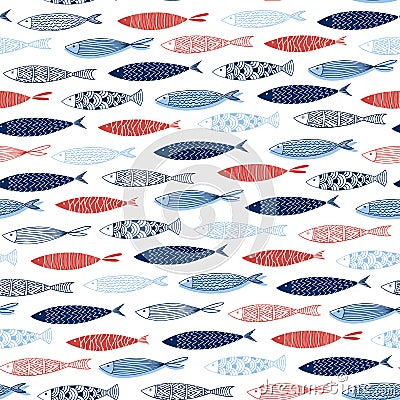 Seamless ornamental pattern with fish on white background Vector Illustration