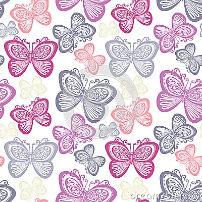 Seamless Ornate Floral Pattern with Butterflies Vector Illustration