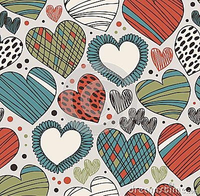 Seamless ornate pattern with hearts. Endless hand drawn cute background Vector Illustration