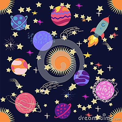 Seamless outer space ufo rocket science kids background pattern Stock Photo